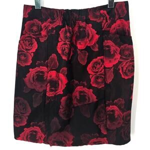Babette Black Red Rose Print Faux Wrap Skirt Pull On XXS Art To Wear NWT